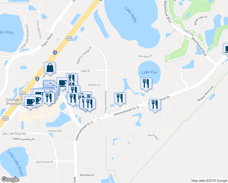 map of restaurants, bars, coffee shops, grocery stores, and more near 12562 International Drive in Orlando