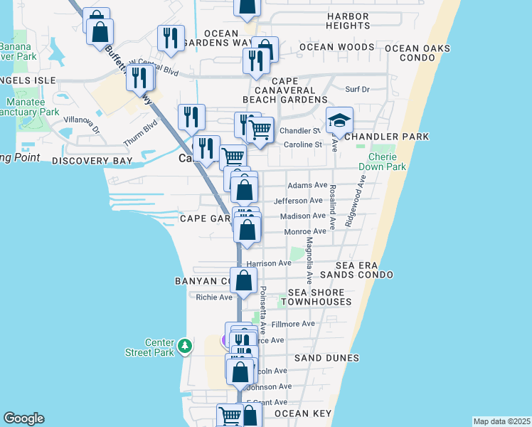 map of restaurants, bars, coffee shops, grocery stores, and more near 8002 Poinsetta Avenue in Cape Canaveral