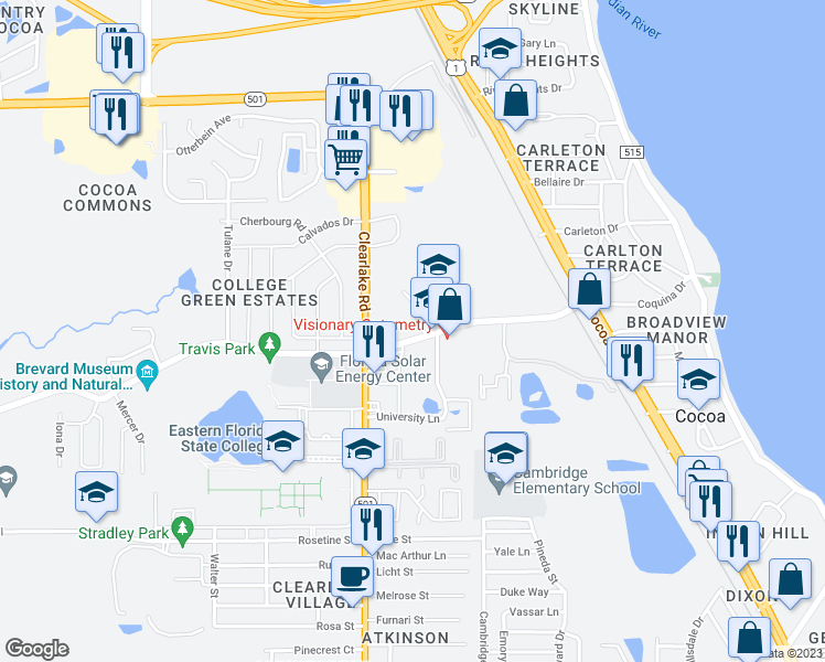 map of restaurants, bars, coffee shops, grocery stores, and more near 1970 Michigan Avenue in Cocoa