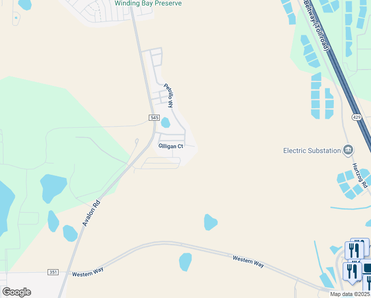 map of restaurants, bars, coffee shops, grocery stores, and more near 15342 Gilligan Court in Winter Garden