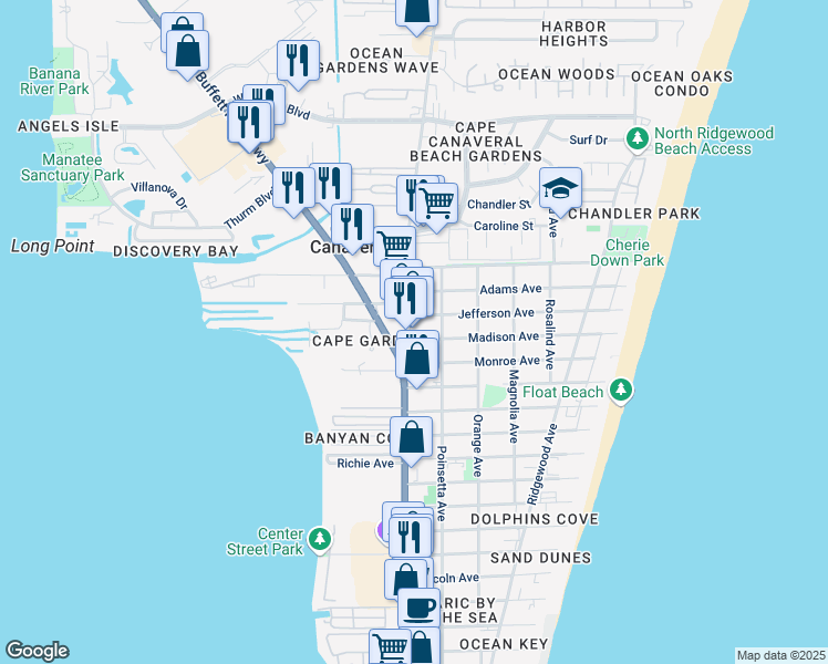 map of restaurants, bars, coffee shops, grocery stores, and more near 8010 North Atlantic Avenue in Cape Canaveral
