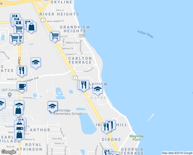 map of restaurants, bars, coffee shops, grocery stores, and more near 1907 Indian River Drive in Cocoa