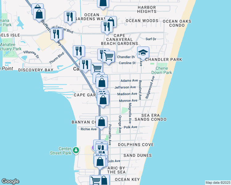 map of restaurants, bars, coffee shops, grocery stores, and more near 8002 Poinsetta Avenue in Cape Canaveral