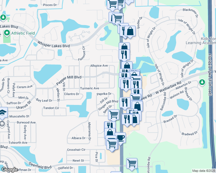 map of restaurants, bars, coffee shops, grocery stores, and more near 2101 Turmeric Avenue in Orlando