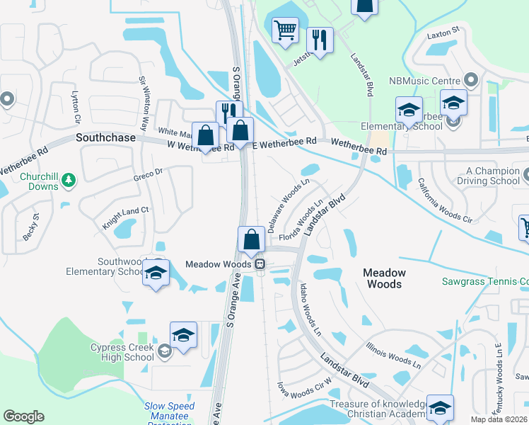 map of restaurants, bars, coffee shops, grocery stores, and more near 104 Jersey Woods Ct in Orlando
