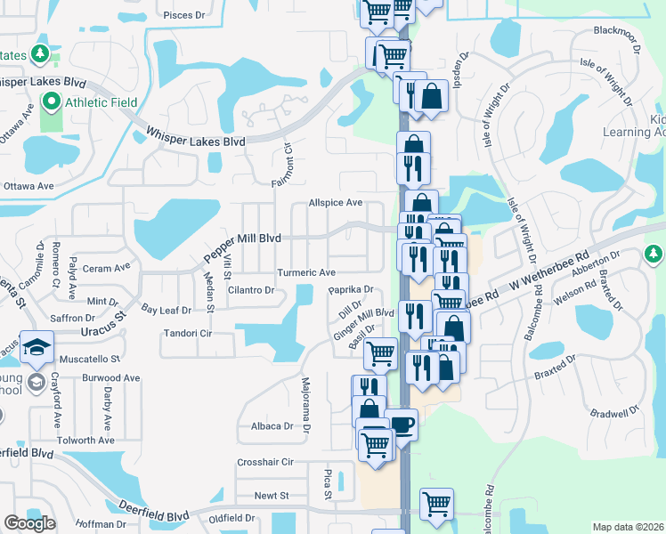 map of restaurants, bars, coffee shops, grocery stores, and more near 2149 Turmeric Avenue in Orlando