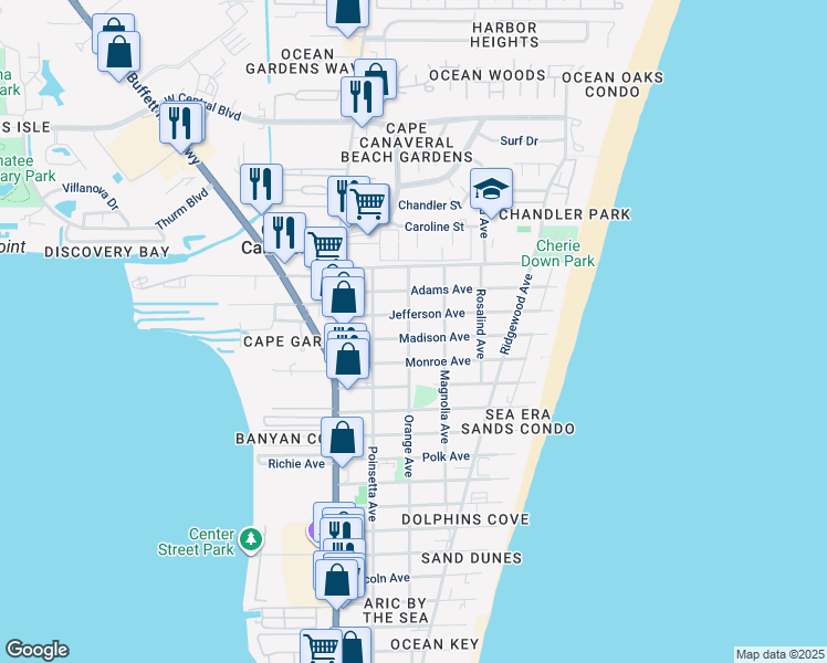 map of restaurants, bars, coffee shops, grocery stores, and more near 302 Madison Ave in Cape Canaveral