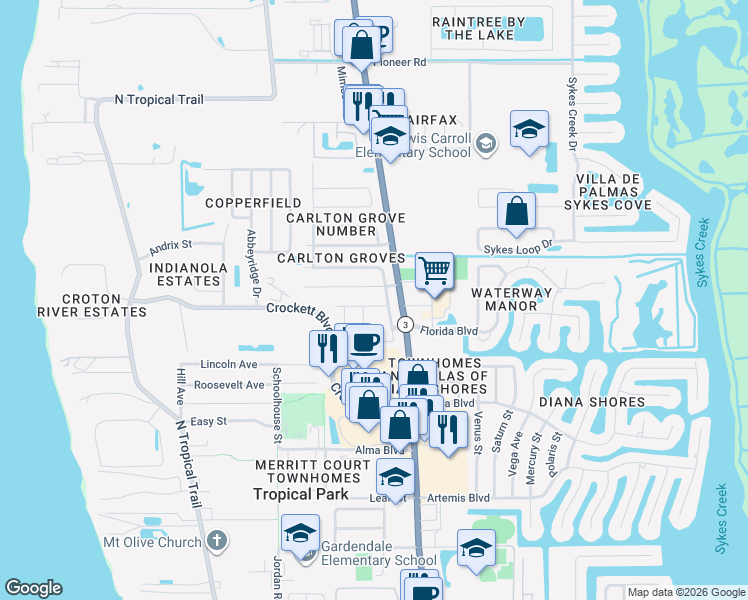 map of restaurants, bars, coffee shops, grocery stores, and more near 200 Meadowbrook Avenue in Merritt Island