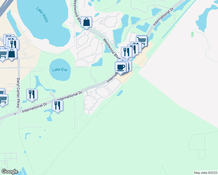 map of restaurants, bars, coffee shops, grocery stores, and more near 6611 Penifield Way in Orlando