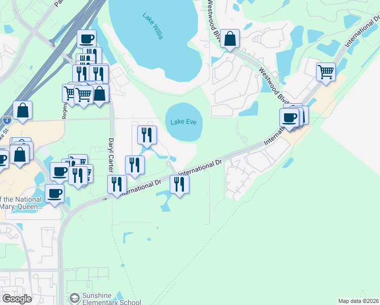 map of restaurants, bars, coffee shops, grocery stores, and more near 12388 International Drive in Orlando