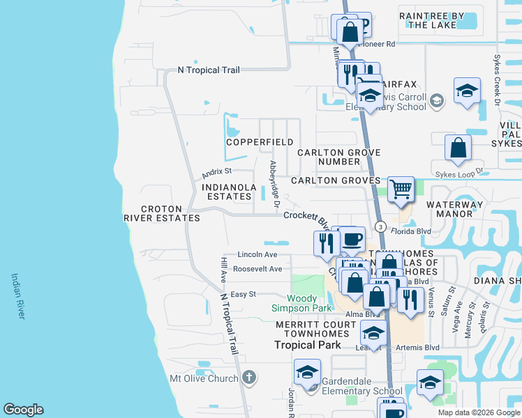 map of restaurants, bars, coffee shops, grocery stores, and more near 1800 Crawford Avenue in Merritt Island