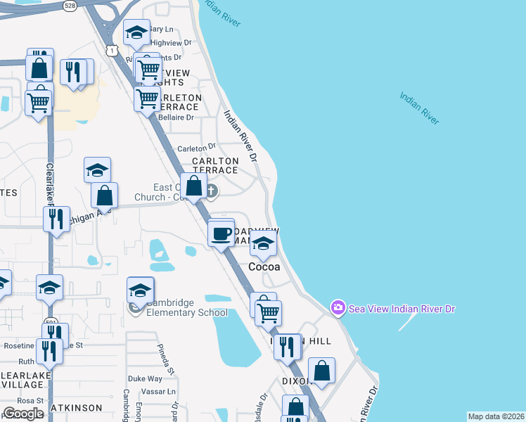 map of restaurants, bars, coffee shops, grocery stores, and more near 1907 Indian River Drive in Cocoa