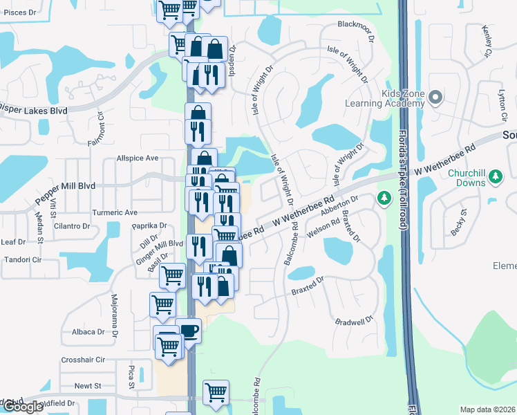 map of restaurants, bars, coffee shops, grocery stores, and more near 2311 Laurel Pine Lane in Orlando