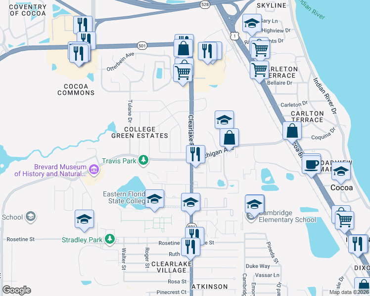 map of restaurants, bars, coffee shops, grocery stores, and more near 2406 Cherbourg Road in Cocoa