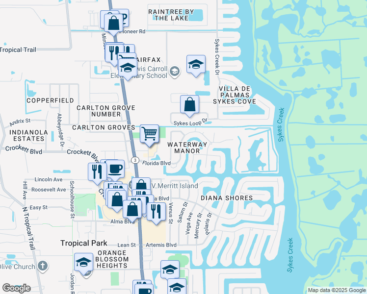 map of restaurants, bars, coffee shops, grocery stores, and more near 125 Florida Boulevard in Merritt Island