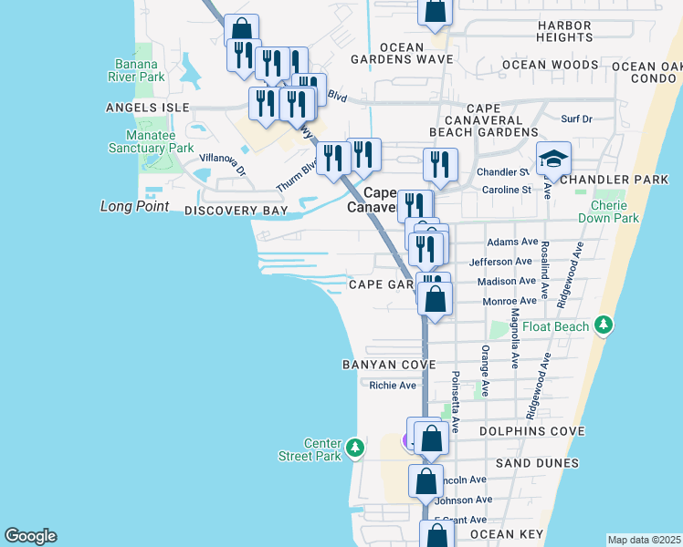 map of restaurants, bars, coffee shops, grocery stores, and more near 650 King Neptune Lane in Cape Canaveral