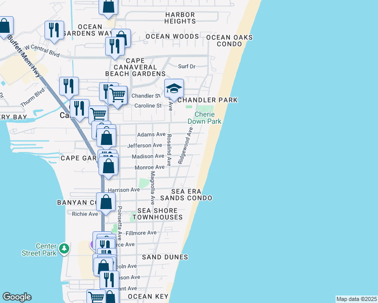 map of restaurants, bars, coffee shops, grocery stores, and more near 8000 Ridgewood Avenue in Cape Canaveral