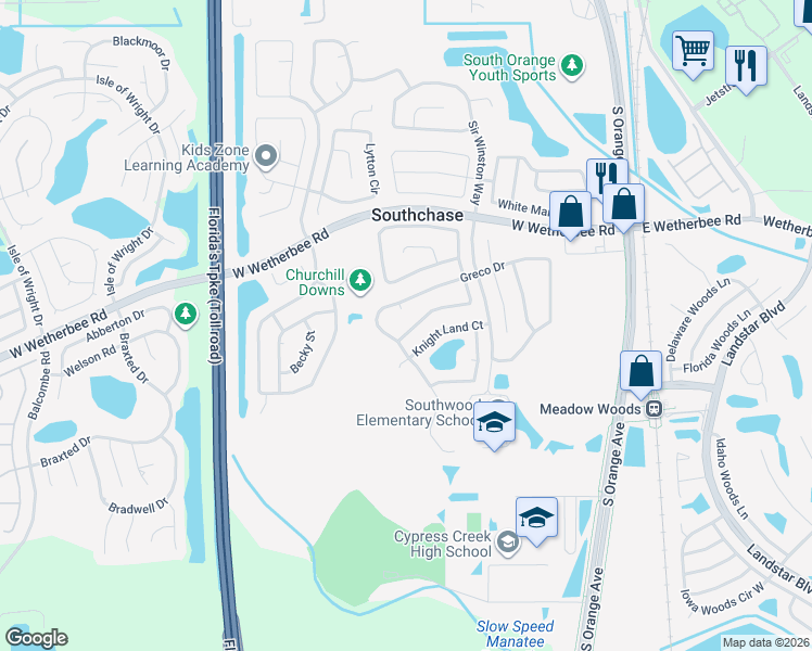 map of restaurants, bars, coffee shops, grocery stores, and more near 114 Kassik Circle in Orlando