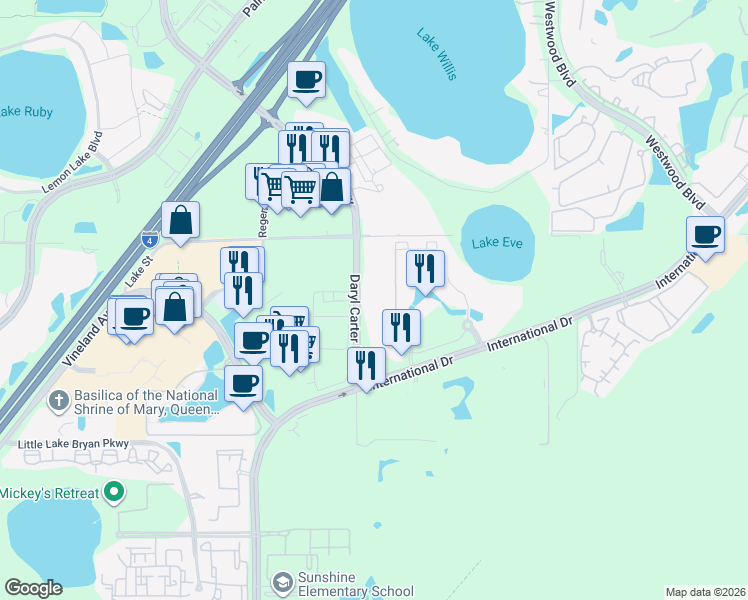 map of restaurants, bars, coffee shops, grocery stores, and more near 1 Floridays Resort Drive in Orlando