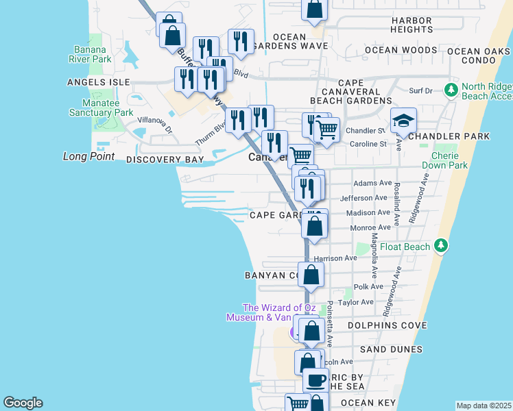 map of restaurants, bars, coffee shops, grocery stores, and more near 302 King Neptune Lane in Cape Canaveral