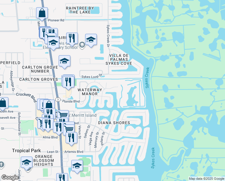 map of restaurants, bars, coffee shops, grocery stores, and more near 345 Florida Boulevard in Merritt Island