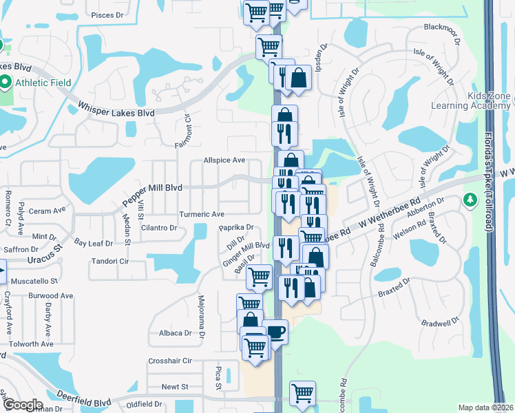 map of restaurants, bars, coffee shops, grocery stores, and more near 2101 Turmeric Avenue in Orlando