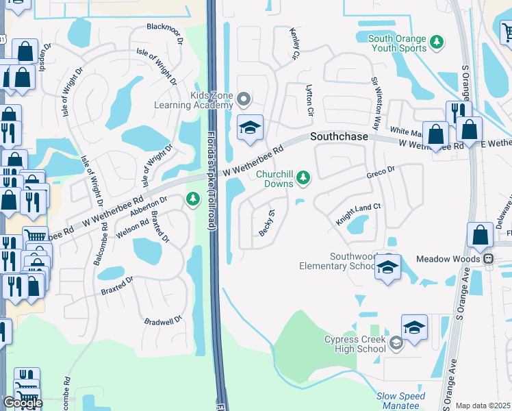 map of restaurants, bars, coffee shops, grocery stores, and more near 12239 Bronson Way in Orlando