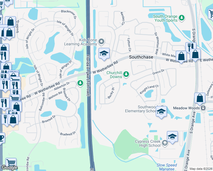 map of restaurants, bars, coffee shops, grocery stores, and more near 12239 Bronson Way in Orlando