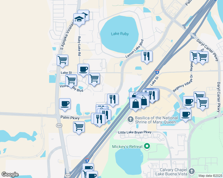 map of restaurants, bars, coffee shops, grocery stores, and more near 8303 Palm Parkway in Orlando