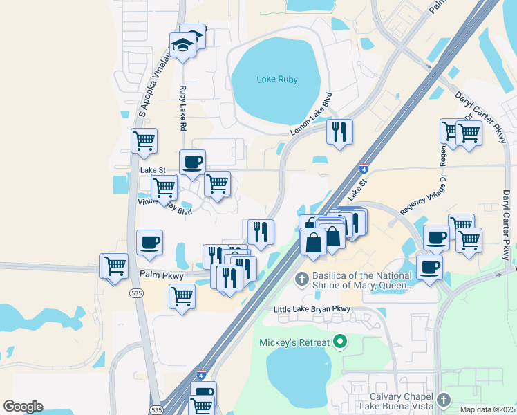 map of restaurants, bars, coffee shops, grocery stores, and more near 8303 Palm Parkway in Orlando