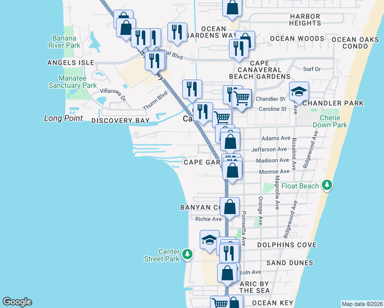 map of restaurants, bars, coffee shops, grocery stores, and more near 310 King Neptune Lane in Cape Canaveral