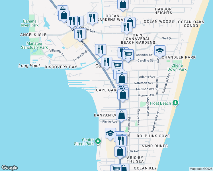 map of restaurants, bars, coffee shops, grocery stores, and more near 7970 Evelyn Court in Cape Canaveral