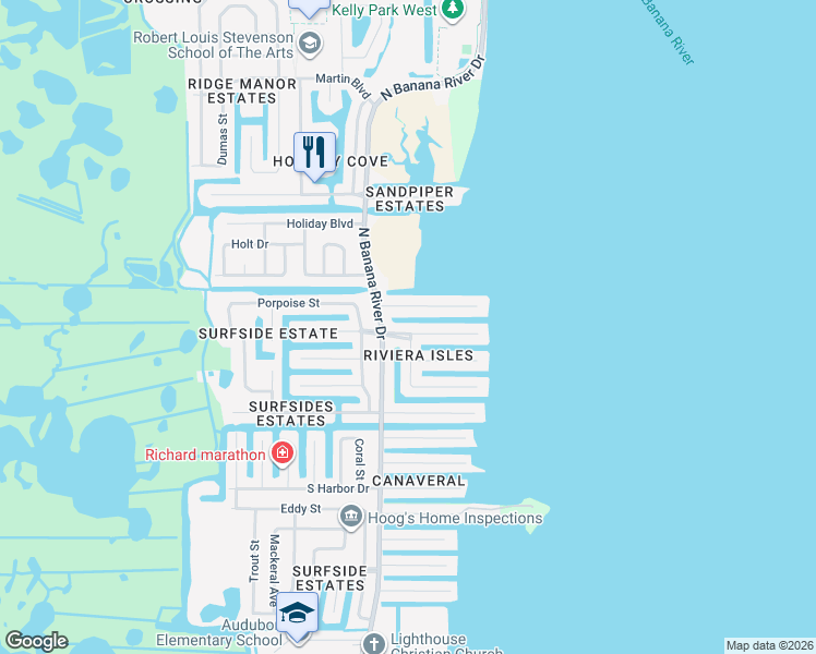 map of restaurants, bars, coffee shops, grocery stores, and more near 1650 East Riviera Drive in Merritt Island
