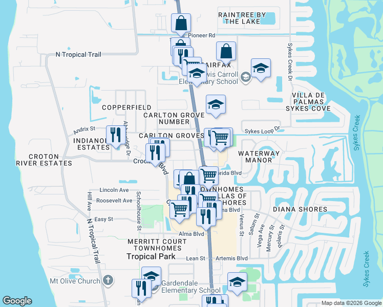map of restaurants, bars, coffee shops, grocery stores, and more near 200 Meadowbrook Avenue in Merritt Island
