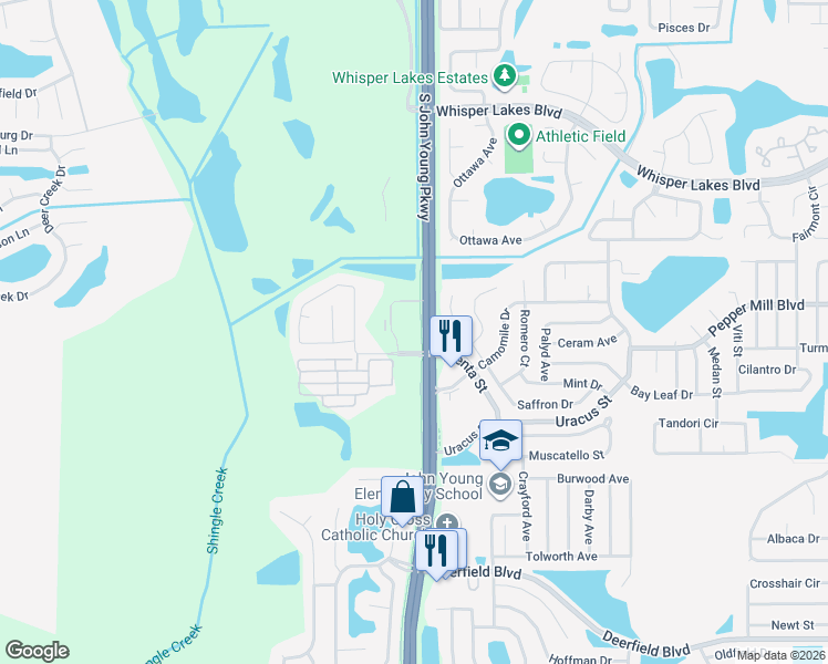 map of restaurants, bars, coffee shops, grocery stores, and more near 12136 South John Young Parkway in Orlando