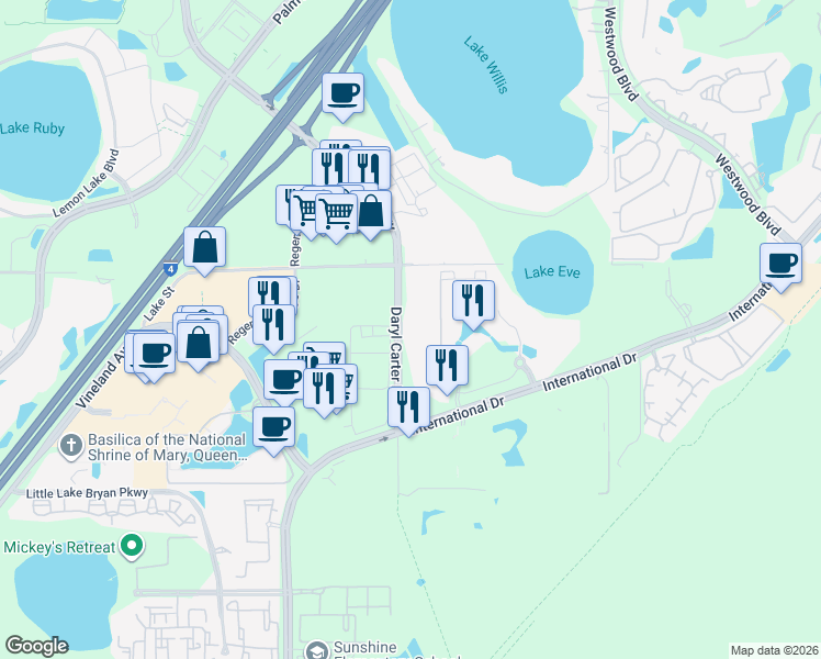 map of restaurants, bars, coffee shops, grocery stores, and more near 1 Floridays Resort Drive in Orlando