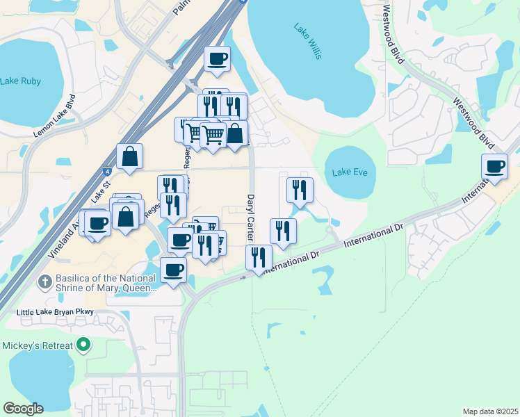 map of restaurants, bars, coffee shops, grocery stores, and more near 1 Floridays Resort Dr in Orlando
