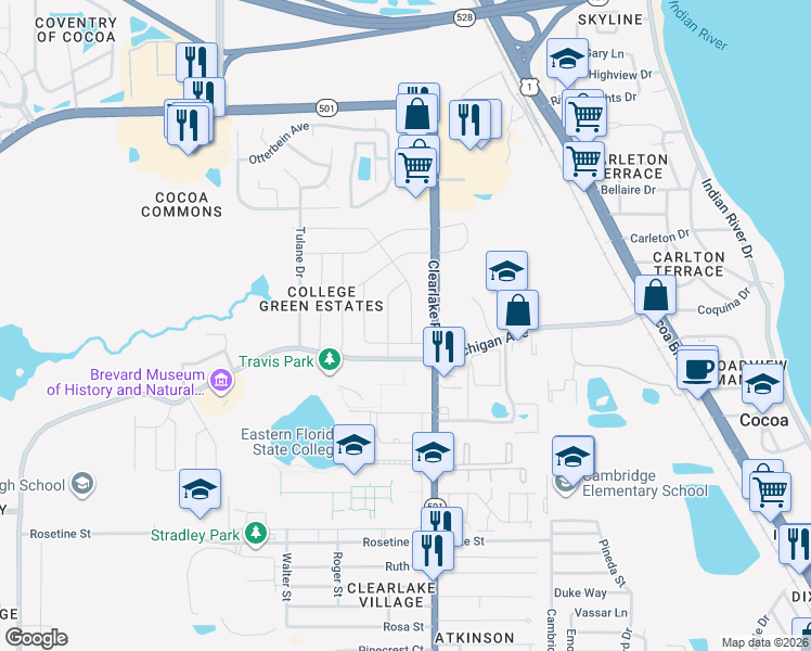 map of restaurants, bars, coffee shops, grocery stores, and more near 2406 Cherbourg Road in Cocoa