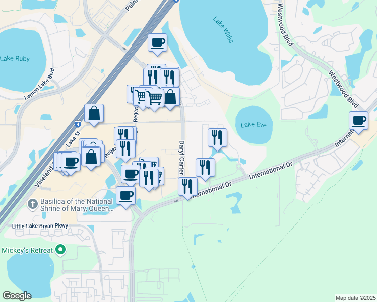 map of restaurants, bars, coffee shops, grocery stores, and more near 1 Floridays Resort Drive in Orlando