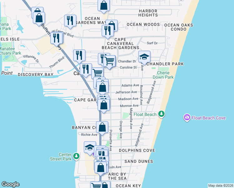 map of restaurants, bars, coffee shops, grocery stores, and more near 8002 Poinsetta Avenue in Cape Canaveral