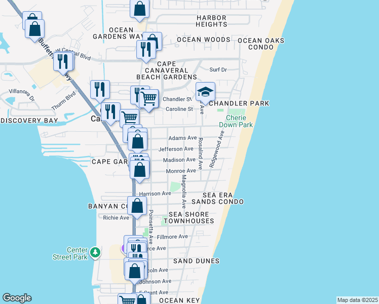 map of restaurants, bars, coffee shops, grocery stores, and more near 418 Madison Avenue in Cape Canaveral
