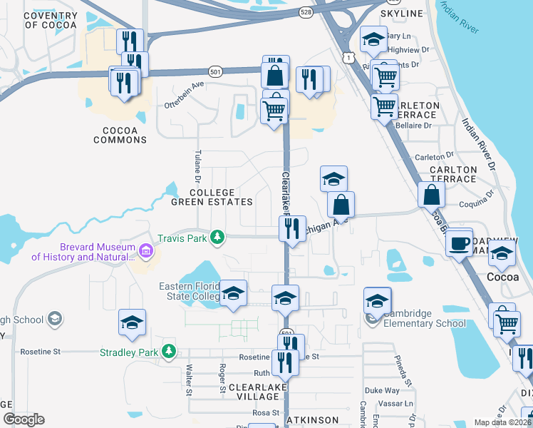 map of restaurants, bars, coffee shops, grocery stores, and more near 2406 Cherbourg Road in Cocoa
