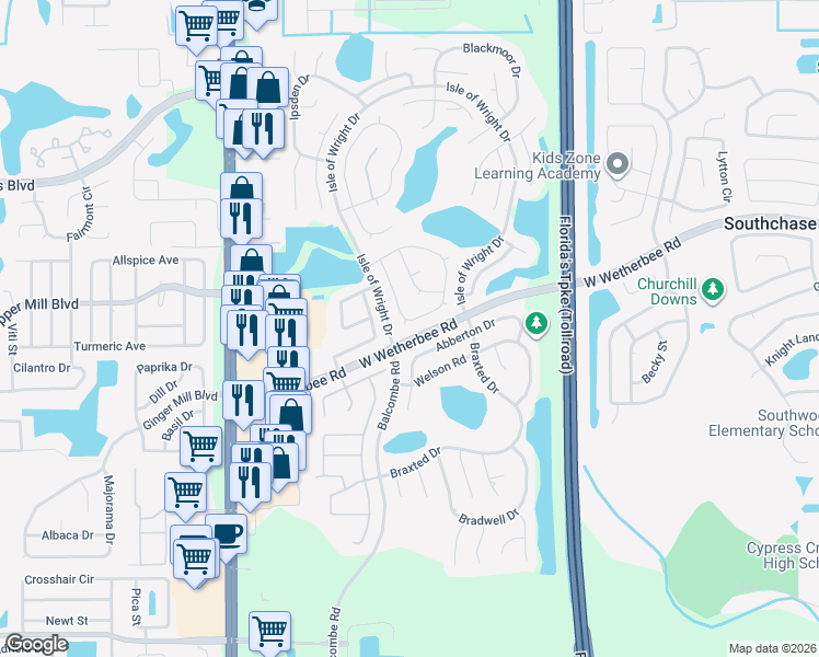 map of restaurants, bars, coffee shops, grocery stores, and more near 12105 Blackheath Circle in Orlando