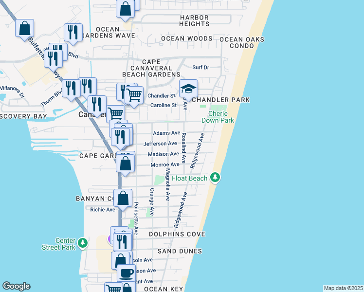 map of restaurants, bars, coffee shops, grocery stores, and more near 512 Madison Avenue in Cape Canaveral