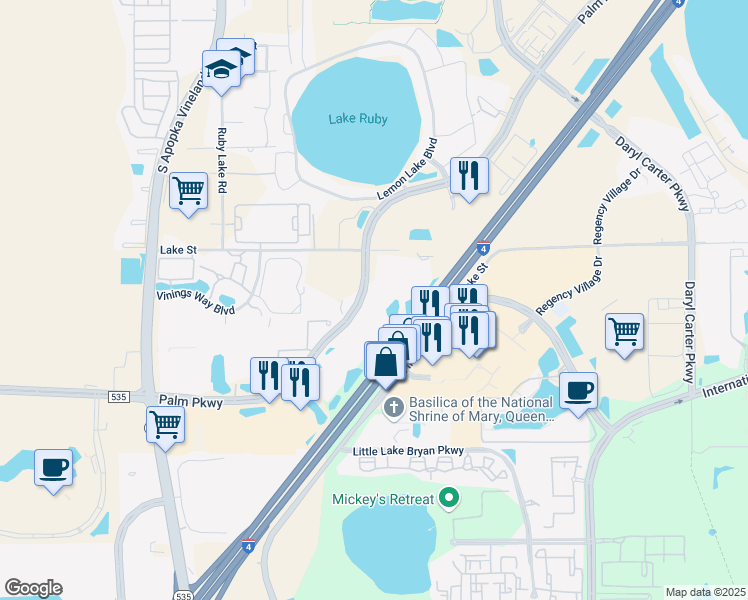 map of restaurants, bars, coffee shops, grocery stores, and more near 8200 Palm Parkway in Orlando