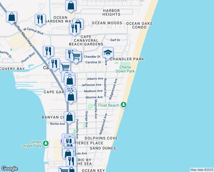 map of restaurants, bars, coffee shops, grocery stores, and more near 512 Madison Avenue in Cape Canaveral