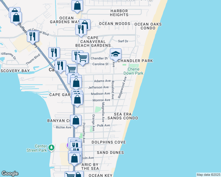 map of restaurants, bars, coffee shops, grocery stores, and more near 418 Madison Avenue in Cape Canaveral