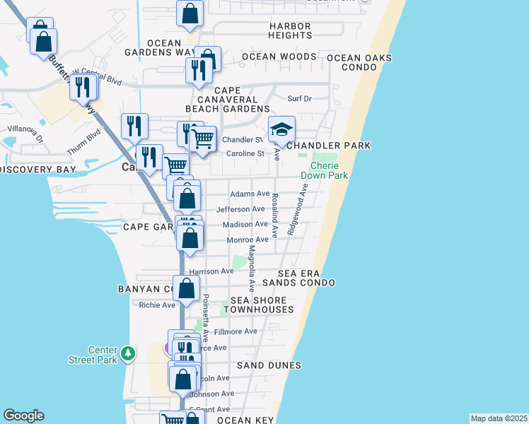 map of restaurants, bars, coffee shops, grocery stores, and more near 418 Madison Avenue in Cape Canaveral
