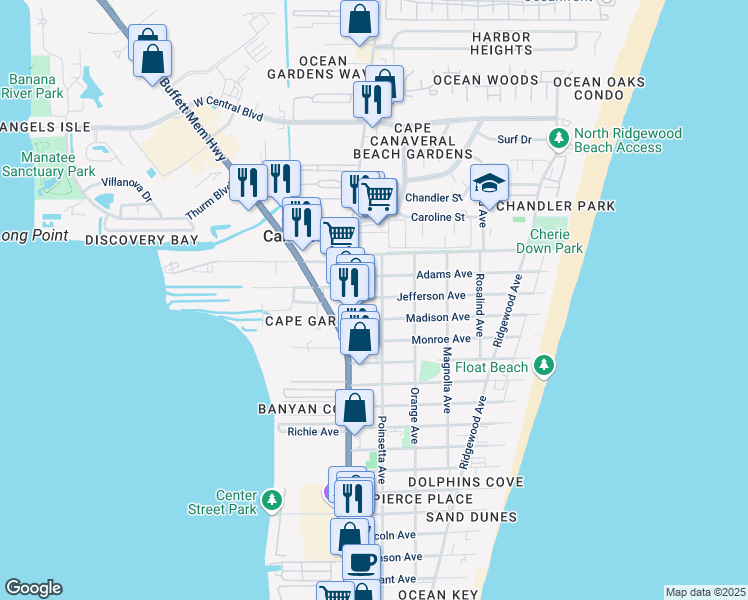 map of restaurants, bars, coffee shops, grocery stores, and more near 101 Jefferson Avenue in Cape Canaveral