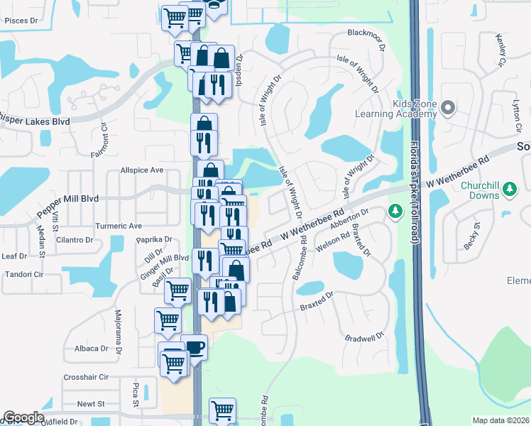 map of restaurants, bars, coffee shops, grocery stores, and more near 2311 Laurel Pine Lane in Orlando